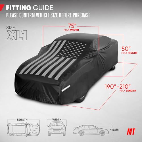 Image of Motor Trend Black USA Flag Waterproof Car Cover - All Weather Outdoor Protection, UV Resistant, Windproof, Scratchproof - Semi-Universal Fit Sedan Full Car Cover for Sun Rain Snow (191 inch- 210 inch Length)