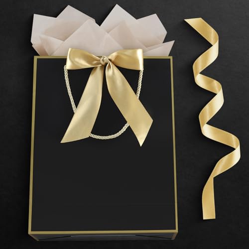 Image of JMANNI Gift Bags with Handles, 11.4 inch Small Mothers Day Gift Bag for Presents, 2 Pcs Bags with 4 Tissue Paper and 2 Cards for Baby Shower Wedding Bridal Shower Mother's Day Birthday Party (black-gold)