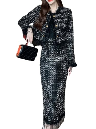 Womens Elegant Office Skirts Tassel Plaid Coats High Waist Hip Long 2 Piece Suit