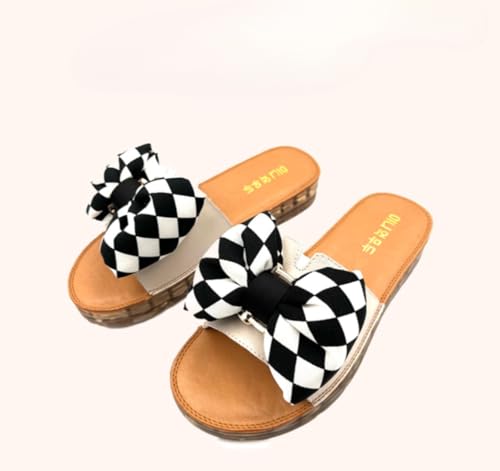 Cute Bow Checkered Slippers for Women Kawaii Y2K Retro Trendy Non Slip Chunky Platform Flats Wide Open Toe Comfort Wear Shoes Cozy Memory Foam Matching Slippers for Couples Mothers Days Gifts2