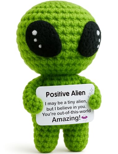 Funny Positive Alien Crochet Plush - Handmade Knitted Alien with Uplifting Message Card - Small...