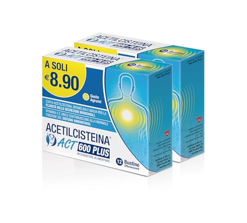 Acetilcisteina ACT 600 PLUS, Integratore Alimentare per Supportare la Salute Respiratoria con N-Acetilcisteina, Bromelina, Vitamina C, Zinco e Malva - 1 Confezione Bipack da 24 Bustine Effervescenti