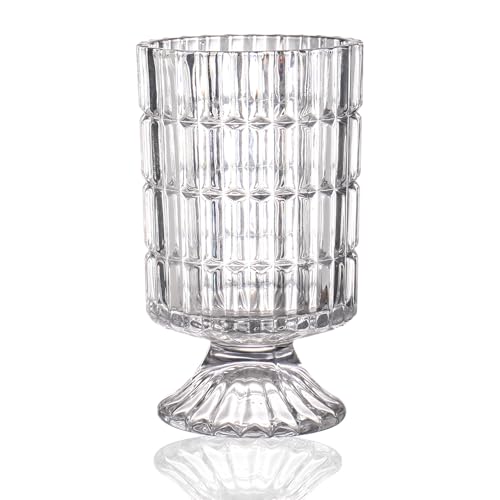MCMCNCUIU Crystal Vase, Flower Vase, Glass Vase for Bouquet, Clear Vase, Ribbed Vase, Large Vase for Flowers, Pedestal Glass Vase for Living Room, Bedroom, Dining Table, Birthday, Wedding, 7 inch