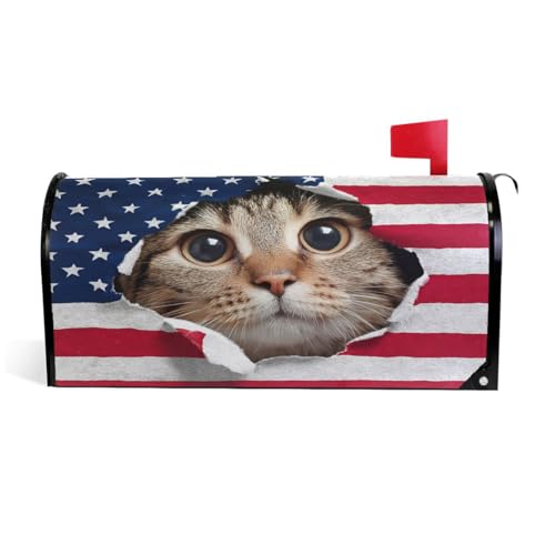 Wamika Cute Kitty Cat USA Flag Mailbox Cover - Magnetic, Large Size 18 X 21