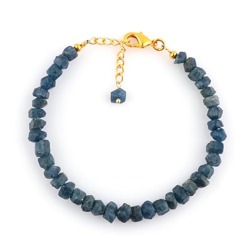 CRYSTALINES AAA Grade Natural Raw Blue Sapphire Gemstone Bracelet, Handmade Boho Jewelry, Rough Stones, September Birthstone, Gold Plated, Healing Crystals, Christmas Gift for Women, 8 Inch