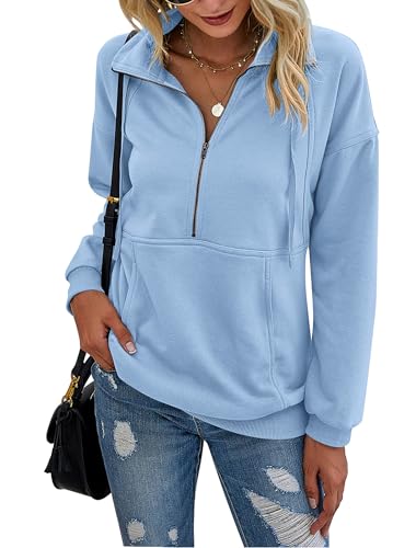 Image of PRETTYGARDEN Women's Casual Long Sleeve Zipper Sweatshirt Drawstring Loose Quarter Zip Pullover Tops with Pockets