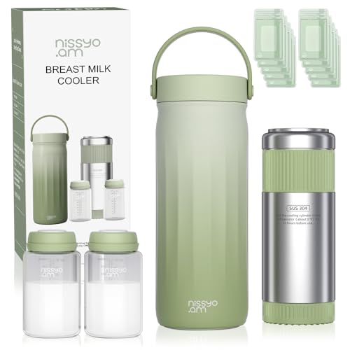 NISSYO.AM 22oz Stainless Steel Breastmilk Cooler - 24Hrs Portable Breast Milk Chiller for Travel, Includes 2 BPA-Free Baby Bottles &10 Storage Bags, Leakproof Thermal Container for Working Moms, Green