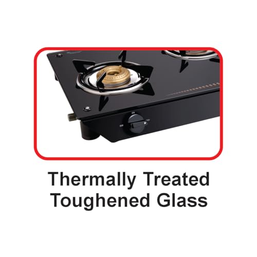 Image of Vidiem VEER 3 Burner Gas Stove with 7mm Toughened Glass Top | Jumbo, Medium & Small Brass Burners | Spill Proof Drip Trays | Heavy Duty Pan Supports | 5 Year Warranty | Manual Ignition