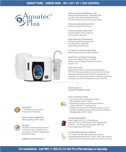 Aquatec Plus - Smart Pure - UTS Under Sink Storage pressure tank 12 L RO+UV+UF+TDS Water Purifier (White) Works up to 3500 TDS view 2