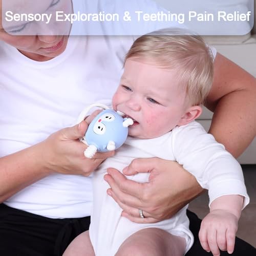 Image of Reindeer Organic Baby Toys 0-6Months, Mitten for 3-6Months, Easy to Hold Stem with Chewing Nubs for Teething Pain Relief for 6-12Months Babies,(Light Blue)