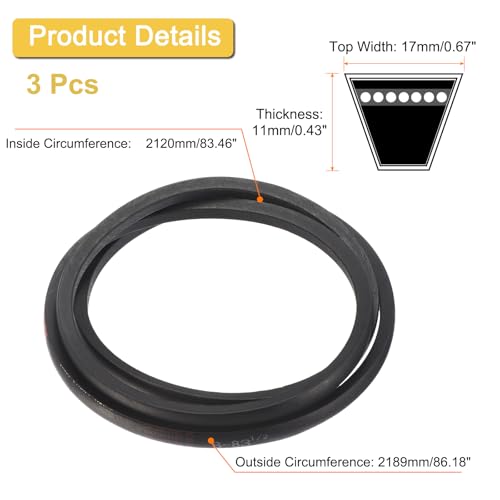 Image of uxcell 3 Pack B83 1 /2 Classic Wrapped V-Belt, 86 inch Outside Circumference Wrapped Industrial Rubber V-Belt B Profile V-Belt for Industrial Machinery Equipment, Black