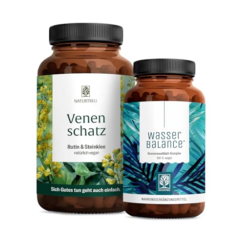 NATURTREU Brennnessel Kapseln Komplex und Rutin Steinklee Komplex - Wasserbalance & Venenschatz Paket - vegan -120 Steinklee Rutin Kapseln sowie 90 Wassertabletten