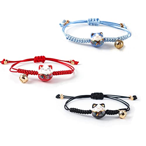 3 Pieces Cat Maneki Neko Bracelet Cute Lucky Cat Ceramic Beads Bracelets Feng Shui Lucky Bracelet Japanese Fortune String Bracelet with Bell, Adjustable
