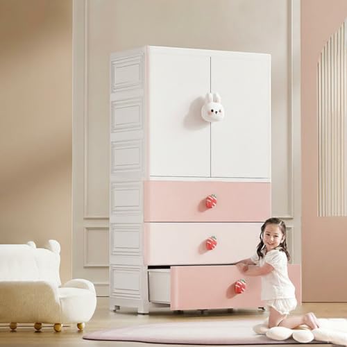 Image of KRISHYAM Kids Storage Cabinet with Drawers & Cupboard | Multi-Purpose Plastic Wardrobe Organizer for Nursery & Kids Room | Toy, Clothes & Accessories Storage (White & Pink) (Pink)