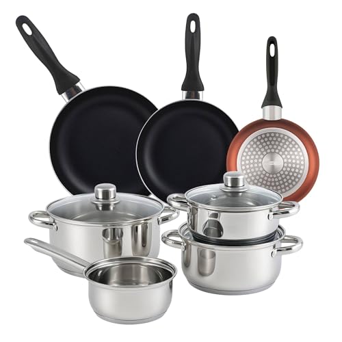 Well Home Set de Batería de cocina de 7pc en acero inoxidable + 3 Sartenes Ø16Ø20Ø24cm Cobre metalizado en aluminio prensado