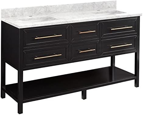 Signature Hardware 458438 Robertson 60" Free Standing Double Vanity Cabinet Set with Mahogany Cabinet, Vanity Top and Rectangular Undermount Sinks - Single Faucet Hole - Black/Carrara