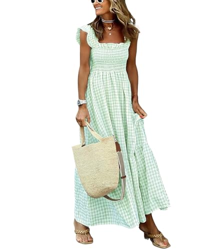 Image of ebossy Women's Fashion Plaid Dress Sleeveless Smocked Ruffle Pleated Boho Party Beach Gingham Maxi Dresses