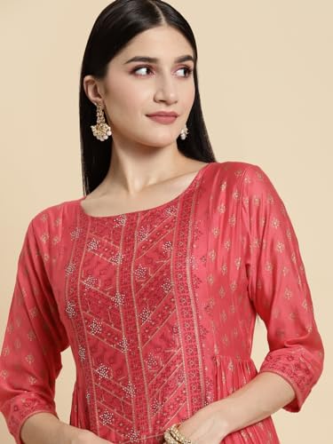 Image of rangita Women's Chanderi Relaxed Fit Flared Calf Length Printed Kurti | Kurta