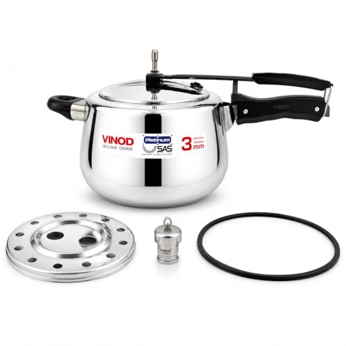 Image of Vinod Platinum Europa Triply Stainless Steel Inner Lid Pressure Cooker 5 L | 3 mm Thick Curved Body | Strong Bakelite Safe-Grip Handle | Gas Stove & Induction Compatible | ISI & CE Certified