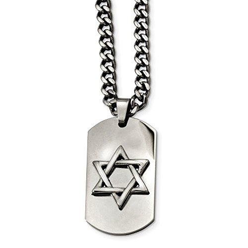 Solid Stainless Steel Star of David Lucky Jewish Dog Tag Pendant Necklace Charm Curb Chain - with Secure Lobster Lock Clasp 24