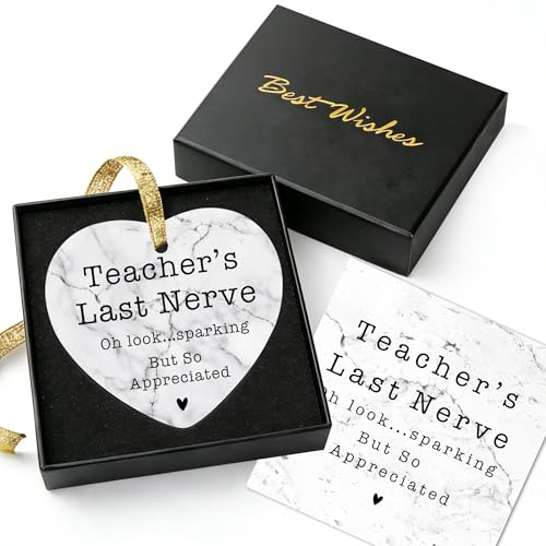 Funny Heart Shape Ceramic Ornament Gifts for Teachers Teachers Last Nerve - Marble Design Gift for Teachers with Gift Box & Greeting Card Keepsake for Teacher Appreciation Christmas