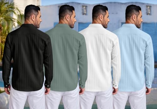 Image of FINIVO FASHION Combo of Men's Casual Cotton Plain Button Down Shirt Long Sleeve Textured Summer Beach Shirt for Men Pack of 4