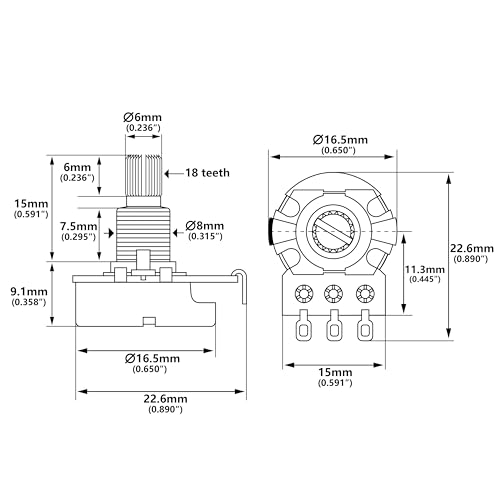 Image of Banworks Metric M8 Thread A250K+B250K Mini Electric Guitars Pots 2A2B Aluminum 18-Spline Split Short Shaft (15mm Length) Audio & Linear Taper Potentiometers for Squier /Epiphone /Ibanez /ESP JT /XNQ-02