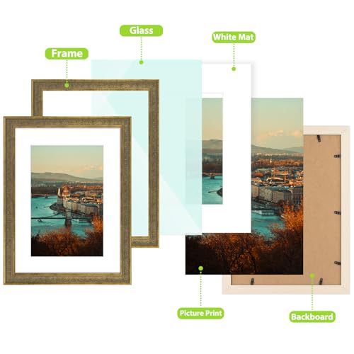 Image of Golden State Art, 12x16 Ornate Finish Photo Frame with White Mat for 8x12 Picture & Real Glass. Color: Distressed Gold