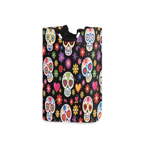 Jihqo Laundry Hamper Basket Sugar Skull Mexican Flower Collapsible Nursery Storage Bin Waterproof Clothing Baskets for Home Bedroom Bathroom Washing Room