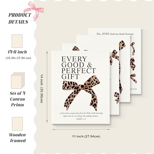 Image of LARTSFRO Coquette Leopard Bow Christian Canvas Wall Art Decor Posters Prints, Y2K Cheetah Leopard Bow Room Bedroom Bathroom Dorm Wall Art Decor Aesthetic for College Teen Girls Gifts, Inspirational Bible Verses Bow Wall Decor, 11x14 Inch Set of 4 Pcs Cheetah Bow Pictures (Canvas Framed 11X14)