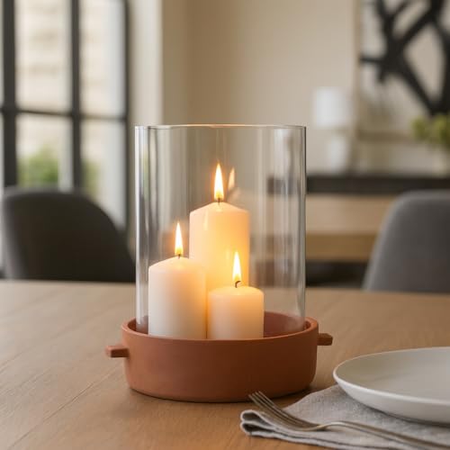 Glass and Terracotta Hurricane Candle Holder – Lanterns for Pillar Candles, Tabletop Or Mantel Display in Living Room Or Dining Room, Minimalist Modern Home Decor Accent – 12", Brown