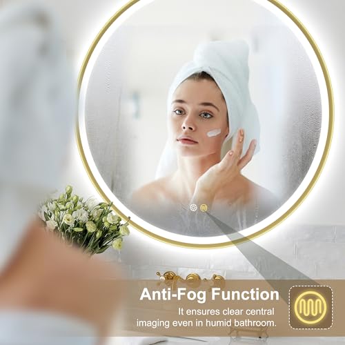 Miniatura 4 de S Bagno Espejo Baño Con Luz Redondo 60 Cm, Espejos De Baño Con Led Con Marco De Aluminio, Anti-Vaho, 3000-6500k, Vidrio Templado Hd, Ip44 Espejo Led Baño Función De Memoria, Dorado