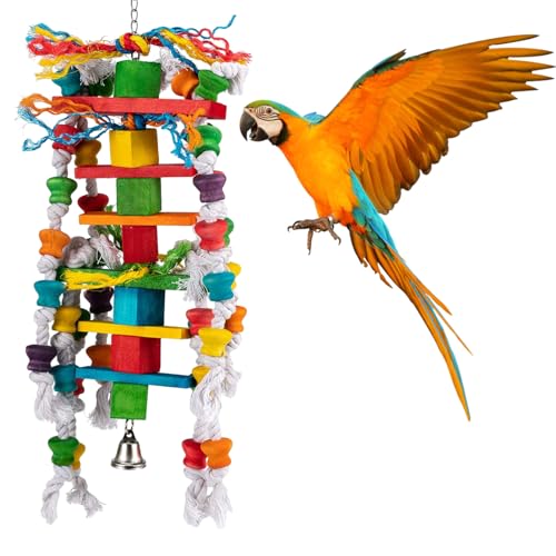 MEWTOGO Large Bird Toys - Natural Wooden Parrot Chewing Toys with Edible Colored Blocks & Sturdy Knots for African Grey Macaw Amazon Parrot Conures Cockatiels