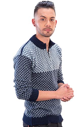 Intialpaca Men’s Soft Half-Zip Modern Navy Blue and Sky Blue Alpaca Pullover Sweater4