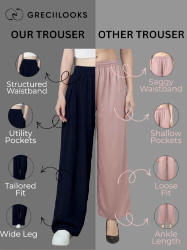 Image of GRECIILOOKS High Waist Polycotton Trousers for Women - Flared Parachute Pants with Side Pockets | Casual Travel Cargo Pants (Available in Plus Size and Value Pack)