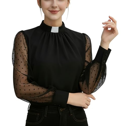 Clergy Shirt for Women Church Priest Chiffon Mesh Long Lantern Sleeve Top with Tab Insert Stand Collar Black
