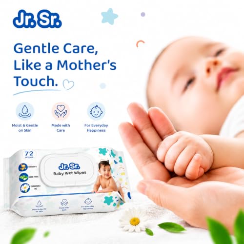 Image of Jr. Sr. Baby Wipes With Lid | 72 Wipes x Pack of 3, 216 Wipes | Safe & Moist Wet Wipes for Babies | Prevents Rashes & Redness with Goodness of Aloe Vera, Vitamin E & Chamomile Oil | No Paraben & No Alcohol