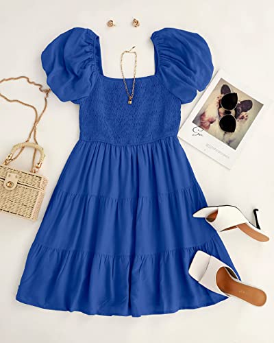 Image of ZESICA Women's Boho 2026 Summer Square Neck Puff Sleeve Off Shoulder Smocked Tiered Casual A Line Short Mini Dress