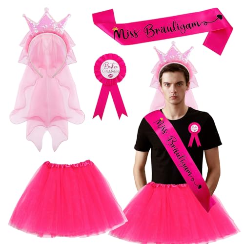 Junggesellenabschied Männer Kostüm Set, JGA Kostüm Männer mit Miss Bräutigam Schärpe, Ehemann Abzeichen, Paillettenkrone Schleier Haarband & Rosa Tütü Männers, Lustige Kostüme für Polterabend