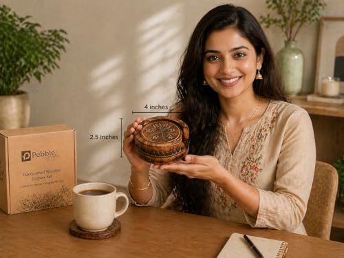 Image of Premium Round Wooden Coasters Set of 6 with Holder | Mango Wood Tea & Coffee Coaster Set for Table Protection & Home Decor | Cup Coaster Set for Dining Table
