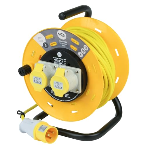 SLx 110V Extension Lead Industrial 25m Open Drum Cable Reels 2 Socket with Thermal Cut Out Heavy Duty Indoor and Outdoor Extension Cable 16A Fused UK Plug