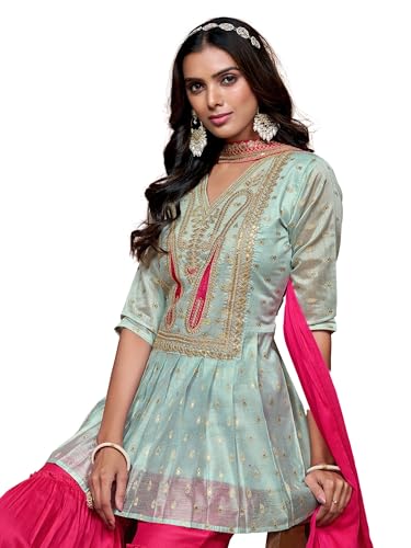 Image of EthnicJunction Womens Chanderi Silk Embroidered A-Line Kurta with Sharara & Dupatta | sharara Set | Wedding Outfit | Heavy Outfit