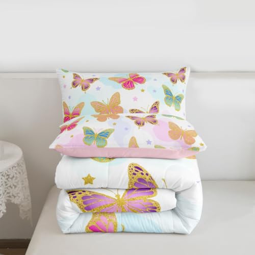 Image of Erosebridal Flying Butterflies Full Size Comforter Sets for Kids Boys Girls,Colorful Garden Wildlife Bedding Set,Cartoon Stars Duvet Insert,Vintage Romantic Style Quilt Bedroom Decor