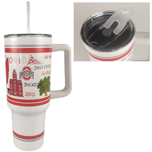 Magnolia Lane Ohio State University 40 oz Travel Tumbler with Handle Stainless Steel Insulated Mug with Handle, Lid and Straw – Unique Decorative Bottle – For Ice Water, Coffee, or Smoothie