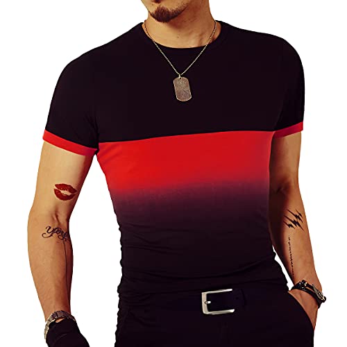 LOGEEYAR Mens Slim Fit T-Shirt Contrast Color Tee Gradient Stitching Short-Sleeve Cotton Tops2