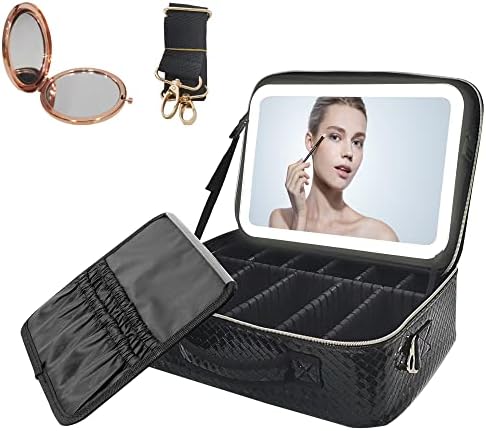 Travel Makeup Bag, Makeup Organizer Bag with Mirror 3 Color Adjustable Brightness Portable Cosmetic Train Travel Case Large Capacity Toiletry Makeup Bags for Women Girls (Black)