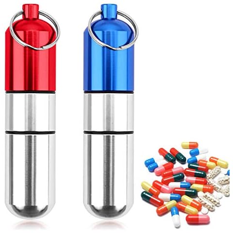 LxwSin Portable Pill Cases, Waterproof Pill Boxes,2 Pcs Small Aluminum Pill Box Keyring Pill Holder Pocket Pill Case Pill Container Pill Bottle with Keychain for Drug Holder Outdoors Camping Traveling Cover