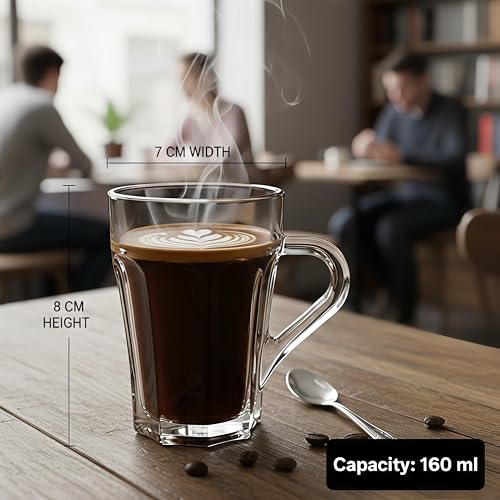 Image of Glass Tea Cups Set of 6, Transparent Cups & Mugs for Tea, Coffee, Milk, Cappuccino, Espresso, Hot & Cold Drinks - Microwave Freezer Dishwasher Safe - 150ML