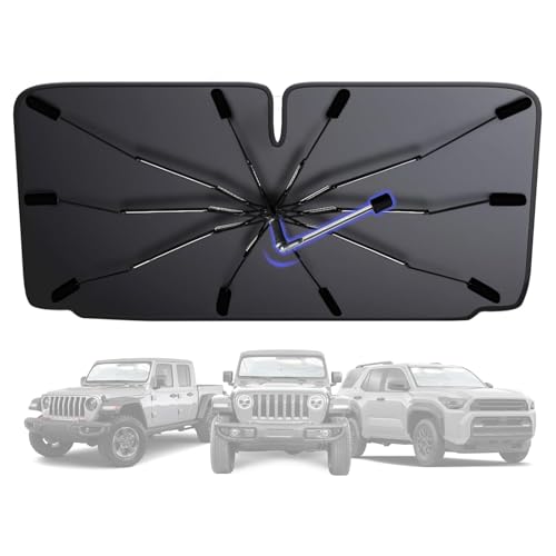 Image of [2025 Upgraded] Windshield Sun Shade Umbrella - Foldable Car Sunshade for Jeep Wrangler /Gladiator, for Toyota 4Runner /Land Cruiser, Front Window Sun Shade UV Block & Heat Shield(Small-55 inchx23 inch)