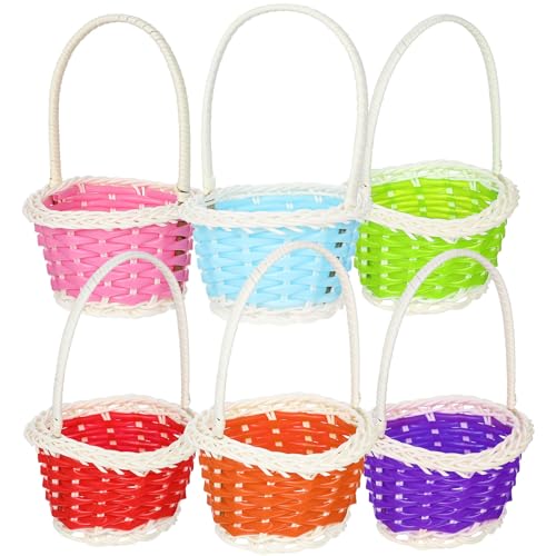 Angoily 6 Cestas Tejidas Pequeñas con Asa Mini Cestas de Mano de Plástico Rústico en 6 Colores Variados Dulces y Regalos en Fiestas Infantiles Almacenamiento Portátil y Decorativo